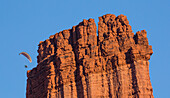 Powered Paragliders above and around Fisher Towers, Utah in evening light