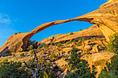 USA, Utah. Das Morgenlicht scheint auf den Landscape Arch in der Nähe des Devil's Garden im Arches National Park.