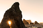 Sunset along sea stacks on Ruby Beach in Olympic National Park, Washington State, USA