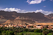 Africa, Morocco. The oasis city of Tinerhir sits beneath foothills of the Atlas mountains.