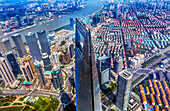 Looking Down on Black Shanghai World Financial Center Skyscraper Reflections Huangpu River Cityscape Liujiashui Financial District Shanghai China.