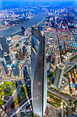 Looking Down on Black Shanghai World Financial Center Skyscraper Huangpu River Cityscape Liujiashui Financial District Shanghai China.