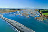 Kiesbank an der Mündung des Rakaia River, Mid Canterbury, Südinsel, Neuseeland