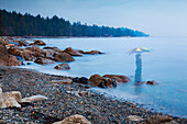Long exposure of a ghostly image of woman in the sea with umbrella Sechelt, British Columbia, Canada.