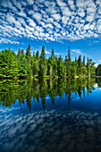 Canada, Ontario, Algonquin Provincial Park, Clouds and boreal forest reflected in Canoe Lake.