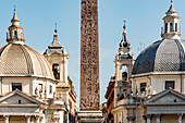 Italy, Rome. Piazza del Popolo with Flaminio obelisk (3,200 yrs old), built in kingdom of Pharaohs Ramesses II and Merneptah (13th century BC). Left to right: Basilica di Santa Maria in Montesanto, Chiesa di Santa Maria dei Miracoli.