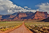 Straight dirt road leading into Professor Valley, Utah