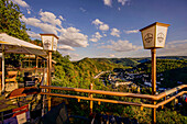View from the restaurant at the Bismarckturm to the mountain station of the Kurwaldbahn and the Lahn Valley, Bad Ems, Rhineland-Palatinate, Germany
