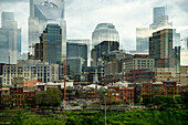 Double exposure photograph of Nashville's skyline as seen from the top stands of the Nissan Stadium.