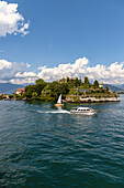 The gardens of Palazzo Borromeo on Isola Bella, seen from the ferry, Lake Maggiore, Piedmont, Italy.