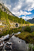Lake of the witches in the autumn season surrounded by meadows and woods, Alpe Devero, Piedmont, Italy.