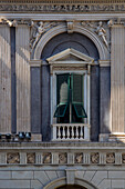 Facade of noble palace in front of the Cathedral of Genoa, Liguria, Italy.