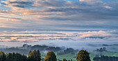 Blick vom Auerberg nach Süden an einem nebligen Frühherbstmorgen, Bayern, Deutschland, Europa