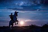 Europa, Frankreich, Provence, Camargue. Komposit aus Mann auf aufbäumendem Camargue-Pferd bei Sonnenaufgang.