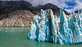 USA, Alaska, Tracy Arm-Fords Terror Wilderness, Aerial view of blue face of Dawes Glacier on summer morning