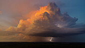 Aerial view of thunderstorm clouds and lightning at sunset, Marion County, Illinois.