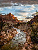 USA, Utah, Zion National Park, Sunset lights up The Watchman and the Virgin River