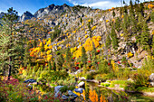 Herbst Gelb Rot Grün Farben Reflexion Wenatchee River Reflexionen Stevens Pass Leavenworth, Washington State