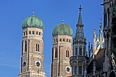 Frauenkirche und Neues Rathaus, Marienplatz, München, Oberbayern, Bayern, Deutschland