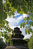 Chinesischer Turm bei Kastanienblüte, Englischer Garten, München, Bayern, Deutschland