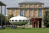 Sculpture park at the Pinakothek der Moderne, in the background the Alte Pinakothek, Kunstkarree, Munich, Upper Bavaria, Bavaria, Germany