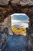 View from Dürnstein castle ruins on Dürnstein and the Danube valley in Wachau, Lower Austria, Austria