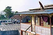 Houses and drying plant for cocoa beans in the plantation village of Roça Generosa on the Rota do Cacau on the island of São Tomé in West Africa
