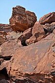 Namibia; Kunene Region; northern Namibia; Damaraland; Valley of Twyfelfontein; Rock engravings with giraffe, other animals and footprints