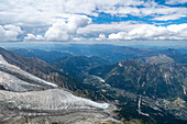 View from Aiguille du Midi over the glacier tongue of the Bessons Glacier to the Vallée de Chamonix-Mont-Blanc, Le Mont-Blanc, Bonneville, Haute-Savoie, Auvergne-Rhône-Alpes, France