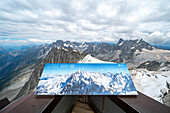 View from the Aiguille du Midi with panorama table from Talèfer Glacier and Jardin, Vallée de Chamonix-Mont-Blanc, Le Mont-Blanc, Bonneville, Haute-Savoie, Auvergne-Rhône-Alpes, France