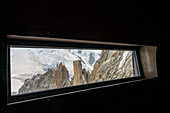 View from the walkable steel tube at the Aiguille du Midi mountain station, Vallée de Chamonix-Mont-Blanc, Le Mont-Blanc, Bonneville, Haute-Savoie, Auvergne-Rhône-Alpes, France