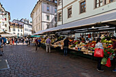 People on fruit market, Bozen, South Tyrol, Italy