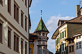 The houses of the Old Town under blue sky, Bozen, South Tyrol, Italy