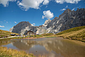A small lake near Baita Segantini. Passo Rolle, San Martino di Castrozza Village, Trento district, Trentino Alto Adige, Italy