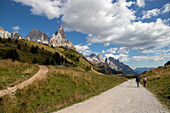 Zwei Touristen auf dem Weg. Berggruppe Pale di San Martino. Passo Rolle, Dorf San Martino di Castrozza, Bezirk Trento, Trentino Alto Adige, Italien