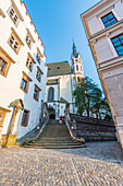 Treppe zur St. Veit Kirche in Cesky Krumlov, Südböhmen, Tschechische Republik