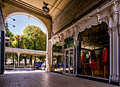 View from the Passage de l´Opéra to the Rue du Président Wilson and the gallery in the Parc des Sources, Vichy, Auvergne-Rhône-Alpes; France