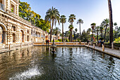 The Galería del Grutesco grotto gallery and the Mercury Pond or Estanque Del Mercurio, Gardens of the Alcázar Royal Palace, Seville Andalusia, Spain