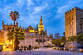 Kathedrale Santa María de la Sede in der Abenddämmerung, Sevilla, Andalusien, Spanien 