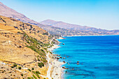 Ansicht von Drymiskos Strand und Küste, Ammoudi, Rethymno, Kreta, griechische Inseln, Griechenland