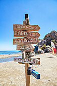 All directions sign post on beach, Preveli beach, Rethymno, Crete, Greek Islands, Greece