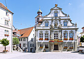 Market square with town hall and in the old town of Wangen in the Westallgäu in Baden-Württemberg in Germany