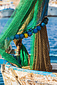 Italy, Sicily, Palermo Province, Santa Flavia. Net on a small fishing boat in the harbor of the fishing village of Santa Flavia.