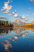 USA, Wyoming, Grand Teton National Park, Mt. Moran and clouds are reflected in the Oxbow bend of the Snake River.
