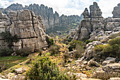 Wanderweg durch die außergewöhnlichen Karstformationen im Naturschutzgebiet El Torcal bei Antequera, Andalusien, Spanien 