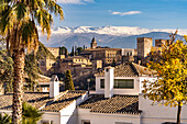 Blick auf Alhambra und die schneebedeckten Berge der Sierra Nevada, Granada, Andalusien, Spanien 