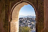 Palacio de Generalife window overlooking Granada, Alhambra World Heritage Site in Granada, Andalusia, Spain