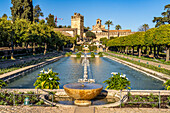 Wasserbecken, Gärten und Türme des Palastes, Alcázar de los Reyes Cristianos in Cordoba, Andalusien, Spanien 