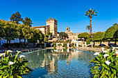 Water basins, gardens and towers of the palace, Alcázar de los Reyes Cristianos in Cordoba, Andalusia, Spain