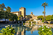 Wasserbecken, Gärten und Türme des Palastes, Alcázar de los Reyes Cristianos in Cordoba, Andalusien, Spanien 